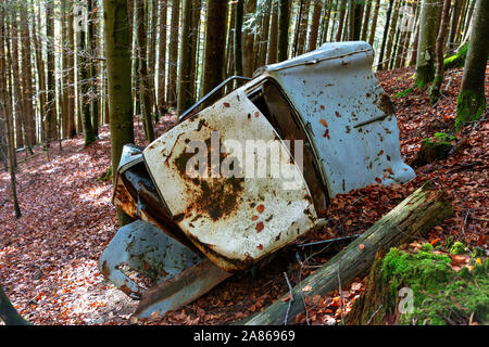 Auto Wrack im Wald, Schwarzwald, Deutschland Stockfoto