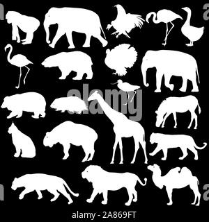 Silhouette Elefant bear eagle Trab Ente zebra auf einem weißen Hintergrund. Stock Vektor