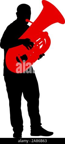 Silhouette der Musiker spielen auf der Tuba auf einem weißen Hintergrund. Stock Vektor