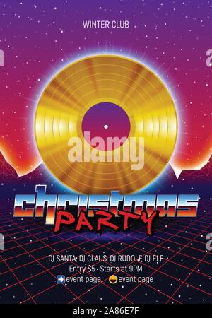 Weihnachtsfeier Einladung, Plakat oder Flyer mit 80er Jahre neon Style und Vinyl Lp für dj Stock Vektor