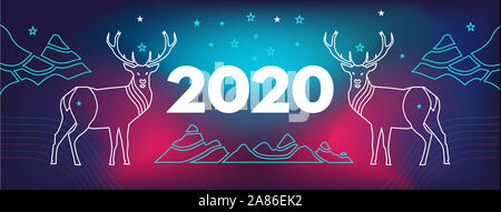 New Year's Facebook site Abdeckung mit Rehen, die Berge und die Zahl 2020. Gewellt, geometrischen Hintergrund, moderne Gradient, gebogene Form, in Blau und Rot gehalten. Stockfoto