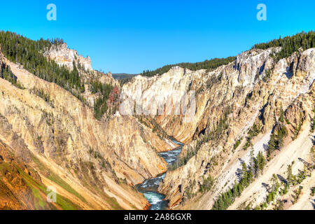 Yellowstone River schlängelt sich durch den Grand Canyon des Yellowstone National Park in Wyoming, USA. Die myraid Coloured Canyon Wänden durch c erodiert wurden Stockfoto