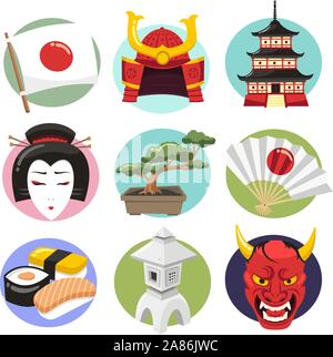 Japan Icon Set japanischer Lebensstil Symbole, mit japanischen Frau, Dämon, Oni, samurai Helm, samurai Rüstung, Sushi, Geisha, japanische Lampe, Lampe, Ventilator, Bon Stock Vektor