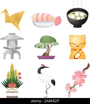 Die japanische Kultur Icon Set, kulturelle Elemente wie: Origami, Fisch, Sushi, Glück, Katze, Glück, Katze, Blumenschmuck, Nudeln. Vector Illustration Cartoon Stock Vektor