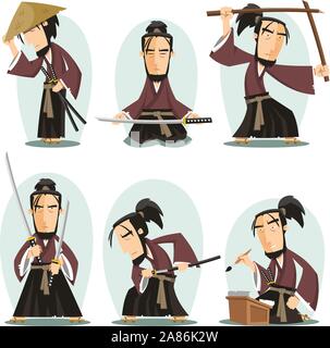 Miyamoto Musashi japanische Samuai Schwertkämpfer, Vector Illustration Cartoon. Stock Vektor