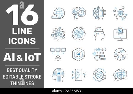 Künstliche Intelligenz und IoT thin Symbole gesetzt. AI, Iot, IIoT, Factory 4.0. Binärer Code, Roboter, Microchip, Smart Gehirn und andere Symbole. Bearbeitbar Stock Vektor