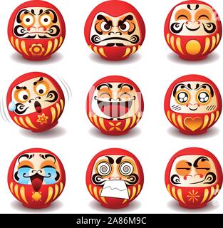 Daruma Puppe, Daruma, Dharma Puppe, Dharma, rund, traditionelle Japanische Puppe, Bodhidharma, Zen, bärtiger Mann, viel Glück, Talisman, Symbol, Symbol der Pers Stock Vektor