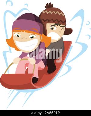 Kinder Rodeln Rodeln Schlitten schnell Schnee Schieben, Vector Illustration Cartoon. Stock Vektor