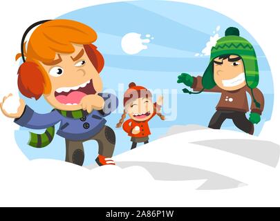 Drei glückliche Kinder in eine Schneeballschlacht, während ein winter schnee Tag. Vector Illustration Cartoon. Stock Vektor