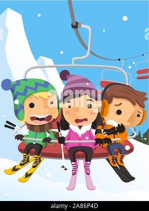 Winter Snow Kids am Skilift Stahl Kabel Kabine Vector Illustration Cartoon. Stock Vektor