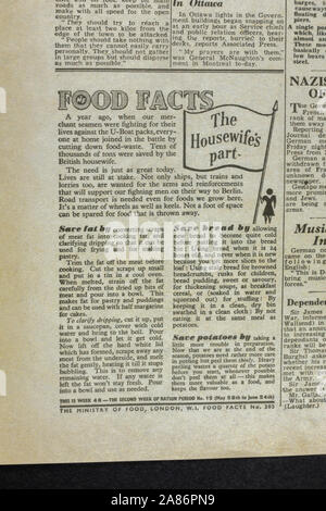 "Diese Fakten Teil der Hausfrau" Artikel mit Kochen Tipps in den Evening Standard Zeitung (Nachbau) am 6. Juni 1944. Stockfoto