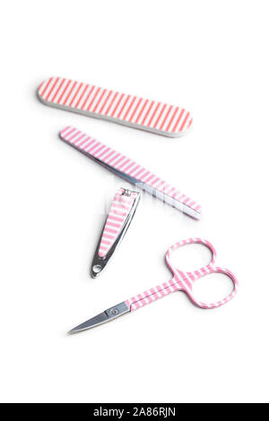 Rosa Maniküre Werkzeuge. Nagelschere und Zubehör auf weißem Hintergrund. Stockfoto