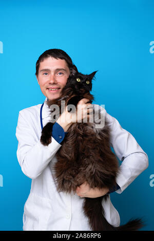 Gerne männliche Tierarzt mit Black Cat in seine Arme auf leeren blauen Hintergrund Stockfoto