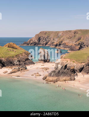 Die beliebten Küste bei Kynance Cove auf der Lizard Halbinsel, Cornwall. Stockfoto