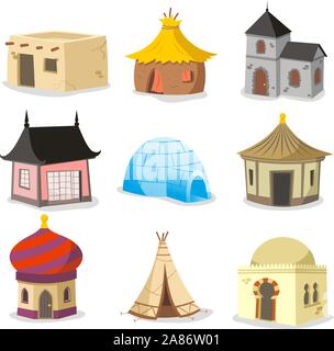Satz von traditionellen Häusern. Mit Haus, Iglu, Hütte, Shack, Slum, Kabinett, Ferienhaus, Hütte, Strand, Hütte, Pavillon, Zelt, indische Hütte, Inuit, Beach House Stock Vektor