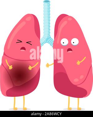 Cute Cartoon lustig ungesunde Krankheit Lungen Charakter. Kranke Lunge Maskottchen mit Lungenentzündung. Entzündung der inneren Organe des menschlichen Atmungssystems. Medizinische Anatomie Krankheit Vektor Illusrtation Stock Vektor