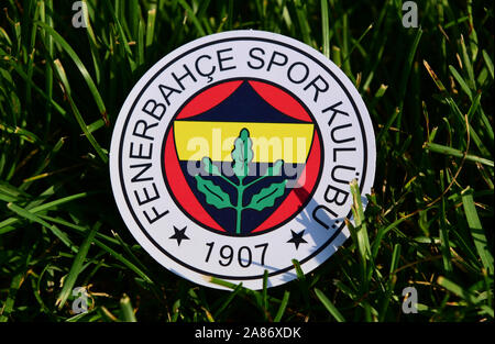 September 6, 2019 Istanbul, Türkei. Das Emblem der türkische Fußball-Verein Fenerbahce Istanbul auf dem grünen Rasen der Fußball-Feld. Stockfoto