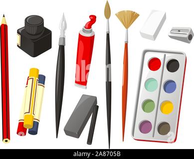 Kunst Icon Set, mit Bleistift, Buntstift, Bienenwachs, Kreide, Tusche, Feder, ölfarbe, pinsel, Radiergummi, Spitzer, Aquarell, Aquarell malen, Holzkohle. Vektor illustr Stock Vektor