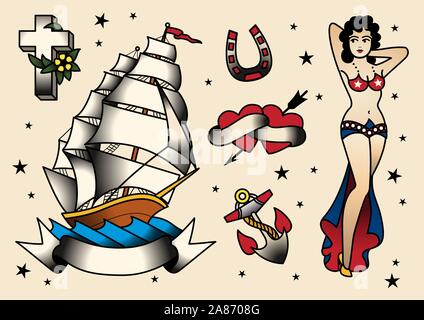 Tattoo Flash eingestellt, Vector Illustration Symbol Cartoon. Stock Vektor