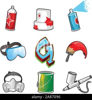 Graffiti Icon Set, mit paint Spray, Aerosol, Maske, Signatur, Pinsel, Airbrush, Schmerz, Schaufel, Googles. Vector Illustration Cartoon. Stock Vektor