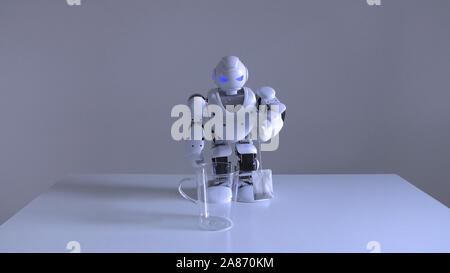 Eine inländische Android humanoide Roboter üben Teezubereitung für seinen Meister durch Einweichen einen Teebeutel in ein leeres Glas Wasser, aber seine künstliche Intelligenz nicht finden das Glas. Oh, gut. Stockfoto