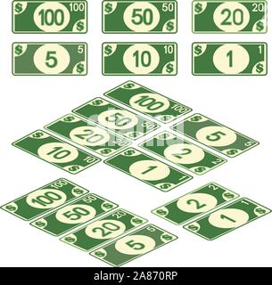 Geld, Wechsel 5, 10, 20, 50 & 100, Münzen 1&2 Dollar. Full Color Graphic Renderings Stock Vektor