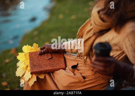 Hallo Herbst. Auf der eleganten mittleren Alter Frau, Pullover, Rock, Handschuhe und Schal mit Notebook Closeup, gelbe Blätter Kaffee trinken, während er auf dem Stockfoto