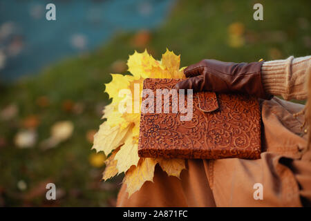 Hallo Herbst. Nahaufnahme auf elegante Frau mittleren Alters in die jacke, rock, handschuhe und Schal mit Notebook und gelbe Blätter, während auf einer Bank sitzen Stockfoto