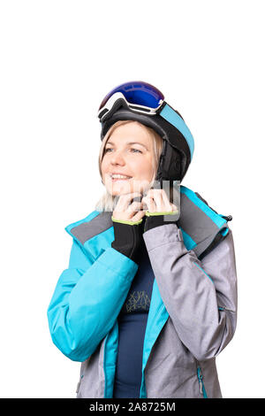 Foto der sportlichen Frau tragen Helm auf weißem Hintergrund isoliert Stockfoto
