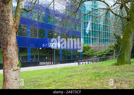 Genf, Schweiz - 5 May 2019 - Außenansicht des UNICEF-Hauptquartier, einer internationalen Organisation in Genf, Schweiz. Stockfoto