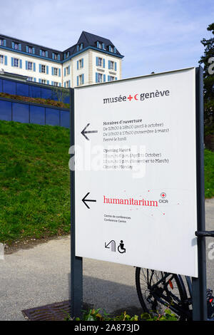 Genf, Schweiz - 5 May 2019 - Außenansicht des Internationalen Komitees vom Roten Kreuz (IKRK) CICR oder Hauptquartier, einer humanitären oder Stockfoto