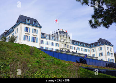 Genf, Schweiz - 5 May 2019 - Außenansicht des Internationalen Komitees vom Roten Kreuz (IKRK) CICR oder Hauptquartier, einer humanitären oder Stockfoto