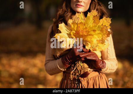 Hallo Herbst. Nahaufnahme auf elegante Frau, Pullover, Rock, Mütze, Handschuhe und Schal mit gelben Blätter im Herbst Park. Stockfoto