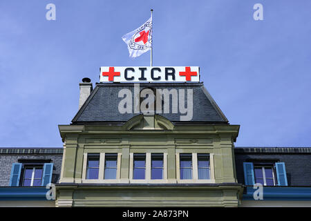 Genf, Schweiz - 5 May 2019 - Außenansicht des Internationalen Komitees vom Roten Kreuz (IKRK) CICR oder Hauptquartier, einer humanitären oder Stockfoto