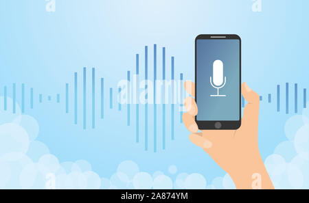 Spracherkennung mit Hand halten, Smartphone und Noise Wave Hintergrund mit modernen Flat Style-Vector Illustration Stockfoto