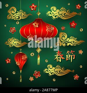 Der Traditionellen Chinesischen neue Jahr Rote Laterne und Blumen auf bunten Abstrakt Hintergrund. Vector Illustration. Stock Vektor