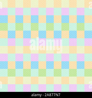 Polka Dot Feldung nahtlose Muster mit orange rosa blau gelb grüne Quadrate und Kontrollen. Pop Art Kulisse, Baby wallpaper Dusche, multic Stockfoto