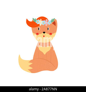 Cute Fox mit Ingwer forelock in Blumenkranz auf weißem Hintergrund, adorable süßes Tier für Baby design Cartoon flache Hand gezeichnet illustrati Stockfoto
