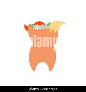 Lustige kleine Fuchs in Blumenkranz zurück Seite. Cute fox Rückansicht auf weißem Hintergrund. Zeichen für Kinder baby Design. Cartoon flache Hand gezeichnet Stockfoto
