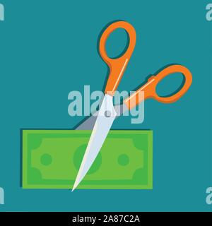 Schere schneiden Geld für steuerliche Symbol Konzept Vector Illustration Stock Vektor