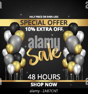 Vector Förderung Verkauf Flyer, kreative golden Schwarz und Silber Dekoration, Glitter glänzend realistische Ballons Gutschein, Rabatt metallic Luxus Poster. Stock Vektor