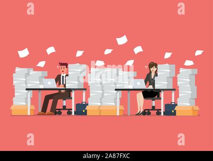 Besetzt überarbeitet der Mann und die Frau am Tisch mit Laptop und Stapel von Papieren im Büro zu sitzen. Vector Illustration Stock Vektor