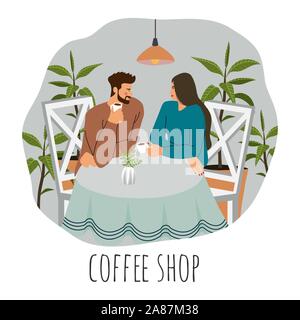 Kaffee shop Besucher. Flache Vector Illustration eines jungen Paares, am Tisch mit Kaffee sitzen, Lampen über umgeben von Pflanzen Stock Vektor