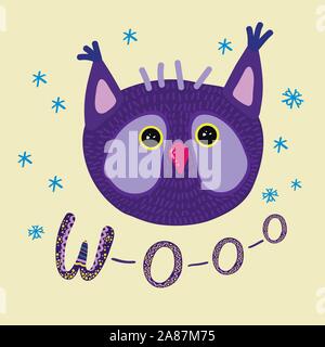 Vector Illustration eines cute cartoon Eule mit Hand geschrieben Phrase - w-o-o-o-für Poster, T-Shirts, Grußkarten drucken Stock Vektor
