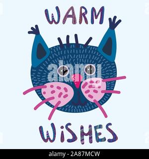 Vector Illustration eines cute cartoon Katze mit Hand geschrieben Phrase - warme Wünsche - für Poster, T-Shirts, Grußkarten drucken Stock Vektor