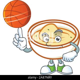 Kartoffelpüree Zeichentrickfigur mit Maskottchen holding Basketball. Stock Vektor