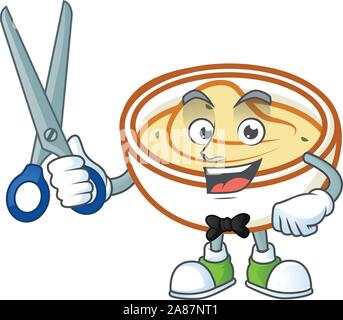 Kartoffelpüree Zeichentrickfigur mit Maskottchen Friseur. Stock Vektor