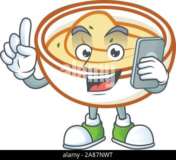 Kartoffelpüree Zeichentrickfigur mit Maskottchen mit holding Telefon. Stock Vektor
