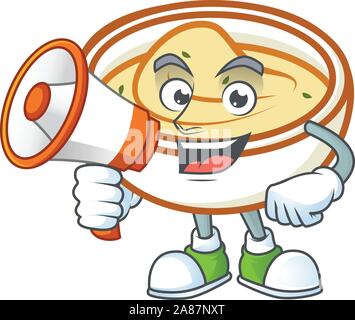 Kartoffelpüree Zeichentrickfigur mit Maskottchen mit Megaphon. Stock Vektor