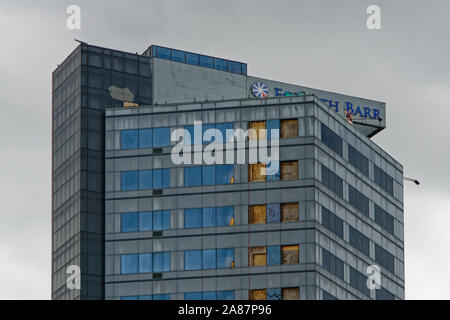 CHRISTCHURCH, Canterbury/NEUSEELAND - Januar 30, 2016: [Die Forsyth Barr Gebäude in der Christchurch Erdbeben vom 22. Februar 2011 zerstört.] Stockfoto